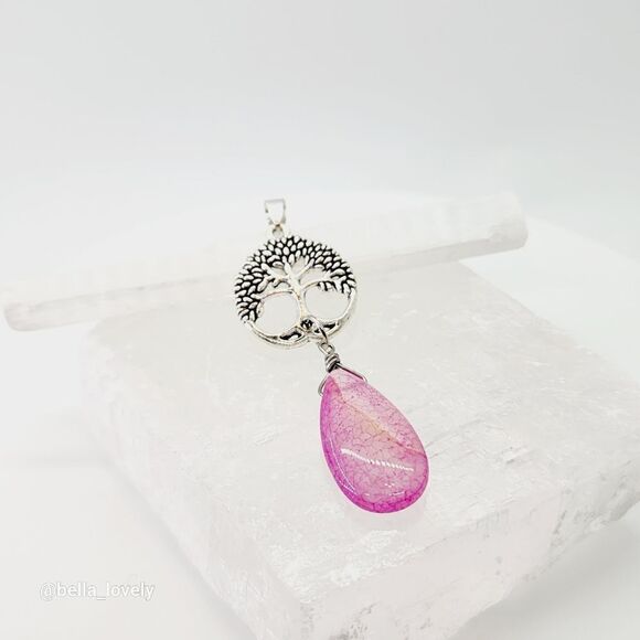 Peach Dragon Veins Agate Teardrop Tree Of Life Handmade Pendant 2.72" - Picture 3 of 8